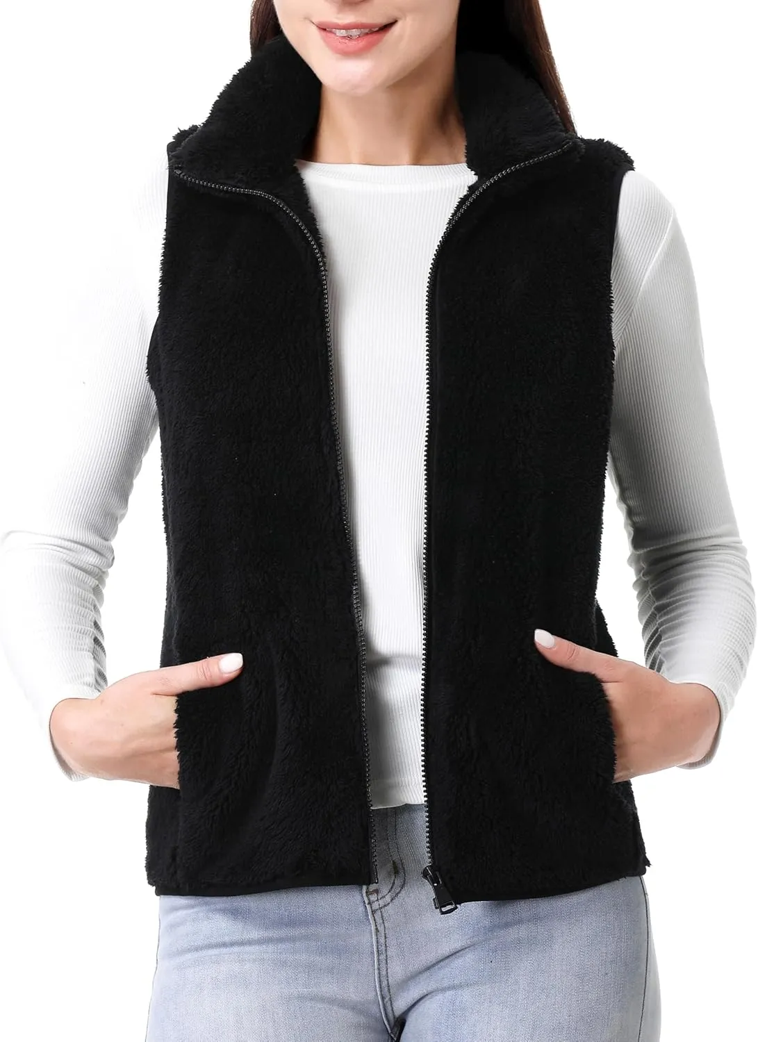 GIMECEN Womens Fuzzy Sherpa Fleece Vest Lightweight Sleeveless Jacket Full Zip Outerwear Polar Soft Waistcoat