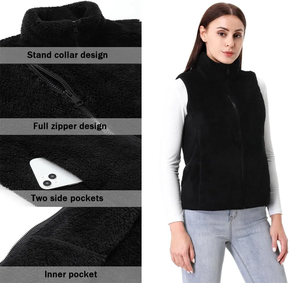 GIMECEN Womens Fuzzy Sherpa Fleece Vest Lightweight Sleeveless Jacket Full Zip Outerwear Polar Soft Waistcoat