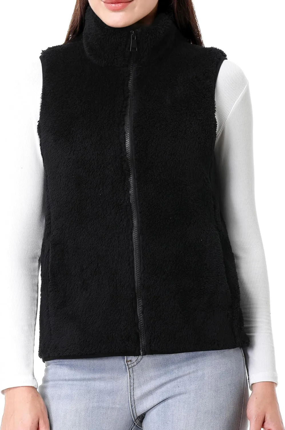 GIMECEN Womens Fuzzy Sherpa Fleece Vest Lightweight Sleeveless Jacket Full Zip Outerwear Polar Soft Waistcoat