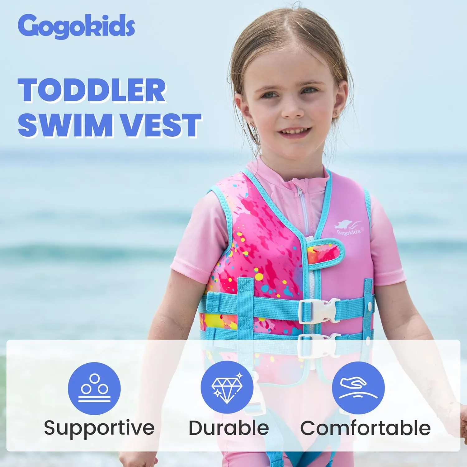 Gogokids Toddler Swim Vest, Kids Float Jacket with Dual Adjustable Strap, Child Swimming Pool Vest for 2-8 Years Swimming Learning