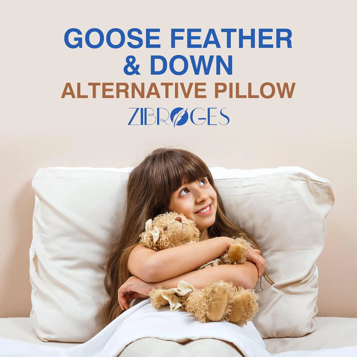 Goose Feather Pillow Queen Size Pack of 2 - Hotel Down Bed Pillows for Sleeping, Soft 600 Thread Count Cotton Cover, Fluffy Support Surround Fill Polyester for Back, Stomach, Side Sleepers