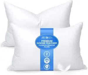 Goose Feather Pillow Queen Size Pack of 2 - Hotel Down Bed Pillows for Sleeping, Soft 600 Thread Count Cotton Cover, Fluffy Support Surround Fill Polyester for Back, Stomach, Side Sleepers