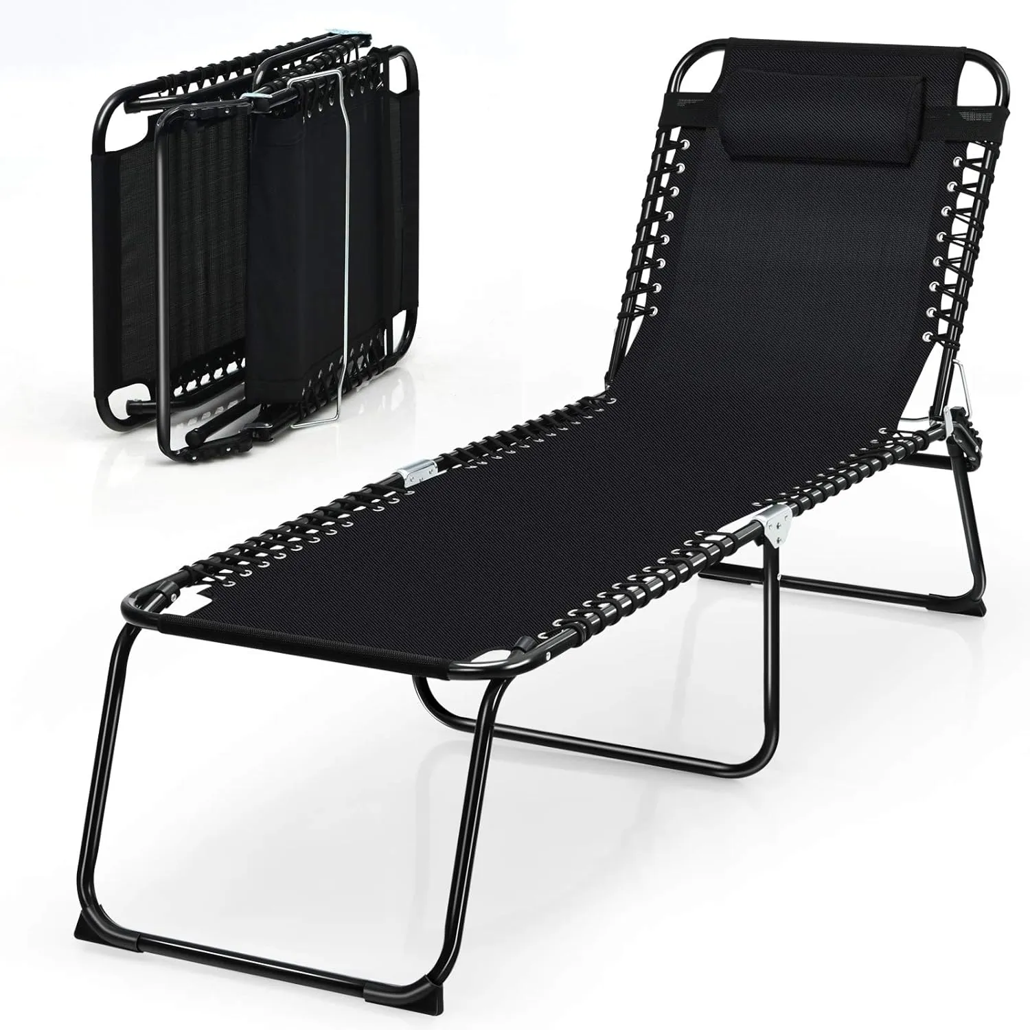 Goplus Chaise Lounge Chair, Folding 5-Postion Beach Lounge Chair with Detachable Pillow, Sunbathing Lounge Chair, Adjustable Tanning Chair for Patio Lawn Pool Yard Outdoor