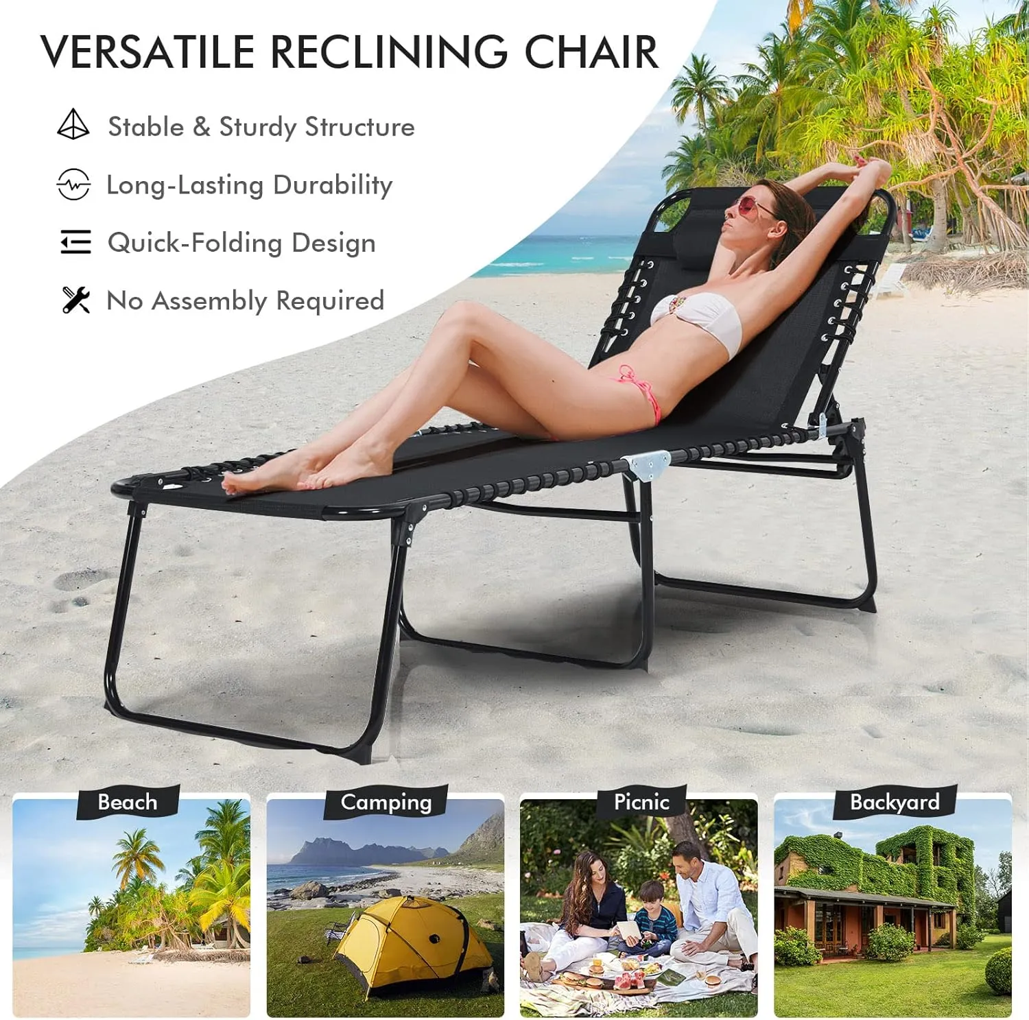 Goplus Chaise Lounge Chair, Folding 5-Postion Beach Lounge Chair with Detachable Pillow, Sunbathing Lounge Chair, Adjustable Tanning Chair for Patio Lawn Pool Yard Outdoor
