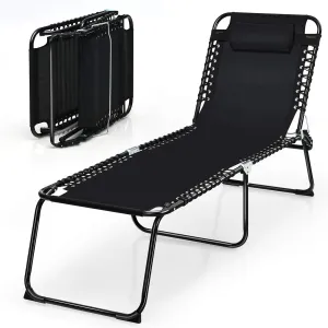 Goplus Chaise Lounge Chair, Folding 5-Postion Beach Lounge Chair with Detachable Pillow, Sunbathing Lounge Chair, Adjustable Tanning Chair for Patio Lawn Pool Yard Outdoor