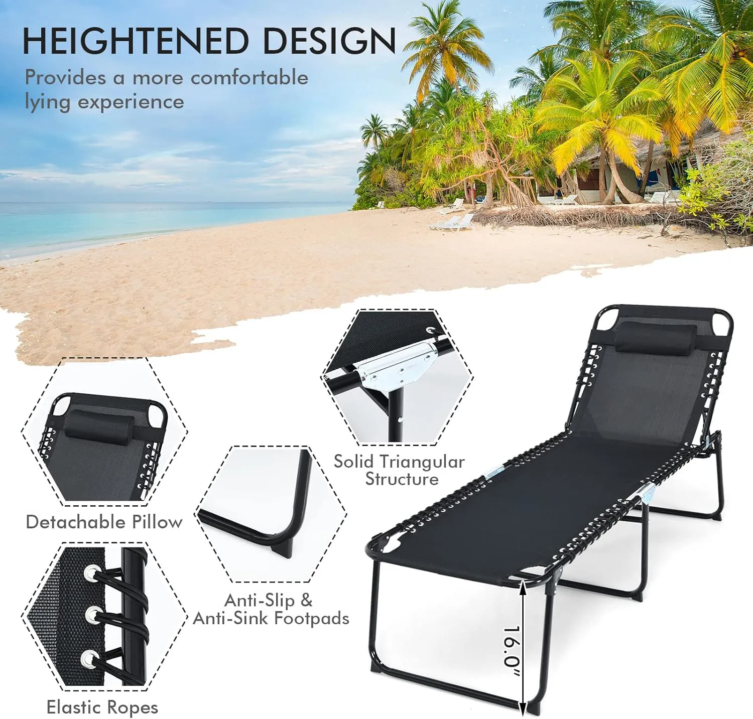 Goplus Chaise Lounge Chair, Folding 5-Postion Beach Lounge Chair with Detachable Pillow, Sunbathing Lounge Chair, Adjustable Tanning Chair for Patio Lawn Pool Yard Outdoor