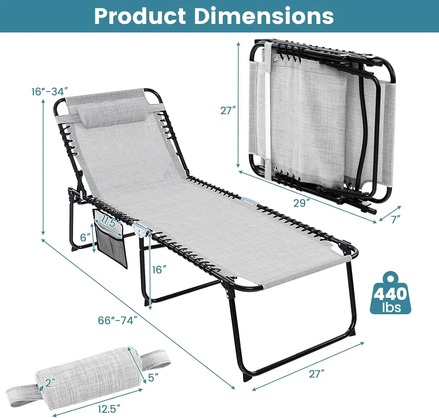 Goplus Chaise Lounge Chair Outdoor, Extra Large Folding 5-Postion Beach Lounge Chair with Detachable Pillow, Side Pocket, Sunbathing Lounge Chair, Adjustable Tanning Chair for Patio Lawn Pool Yard