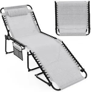 Goplus Chaise Lounge Chair Outdoor, Extra Large Folding 5-Postion Beach Lounge Chair with Detachable Pillow, Side Pocket, Sunbathing Lounge Chair, Adjustable Tanning Chair for Patio Lawn Pool Yard