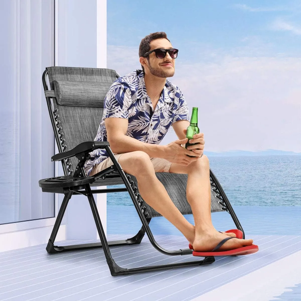 Goplus Oversized Zero Gravity Chair, XL-Extended Version, Outdoor Recliner w/Cup Holder & Detachable Headrest, Foldable Mesh Lounge Chairs for Patio Pool Porch & Deck, 500LBS (Gray)