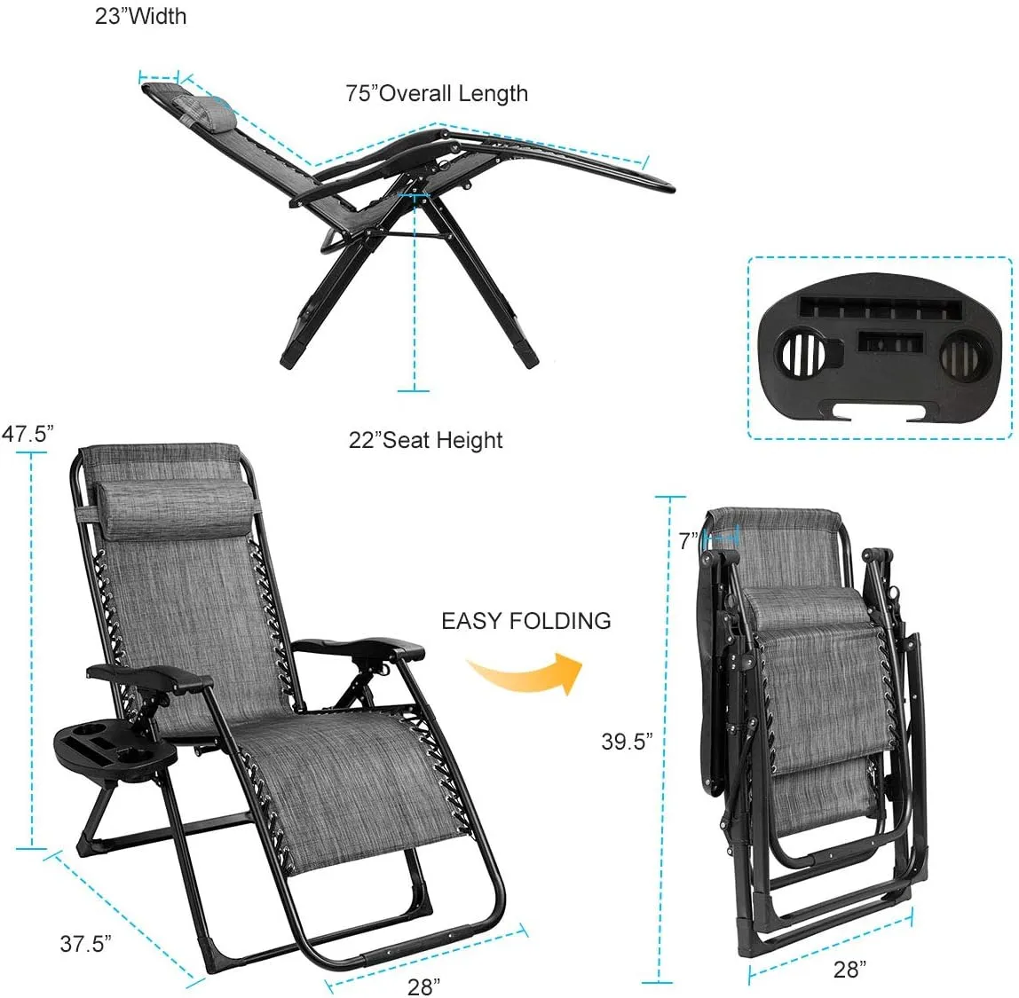 Goplus Oversized Zero Gravity Chair, XL-Extended Version, Outdoor Recliner w/Cup Holder & Detachable Headrest, Foldable Mesh Lounge Chairs for Patio Pool Porch & Deck, 500LBS (Gray)