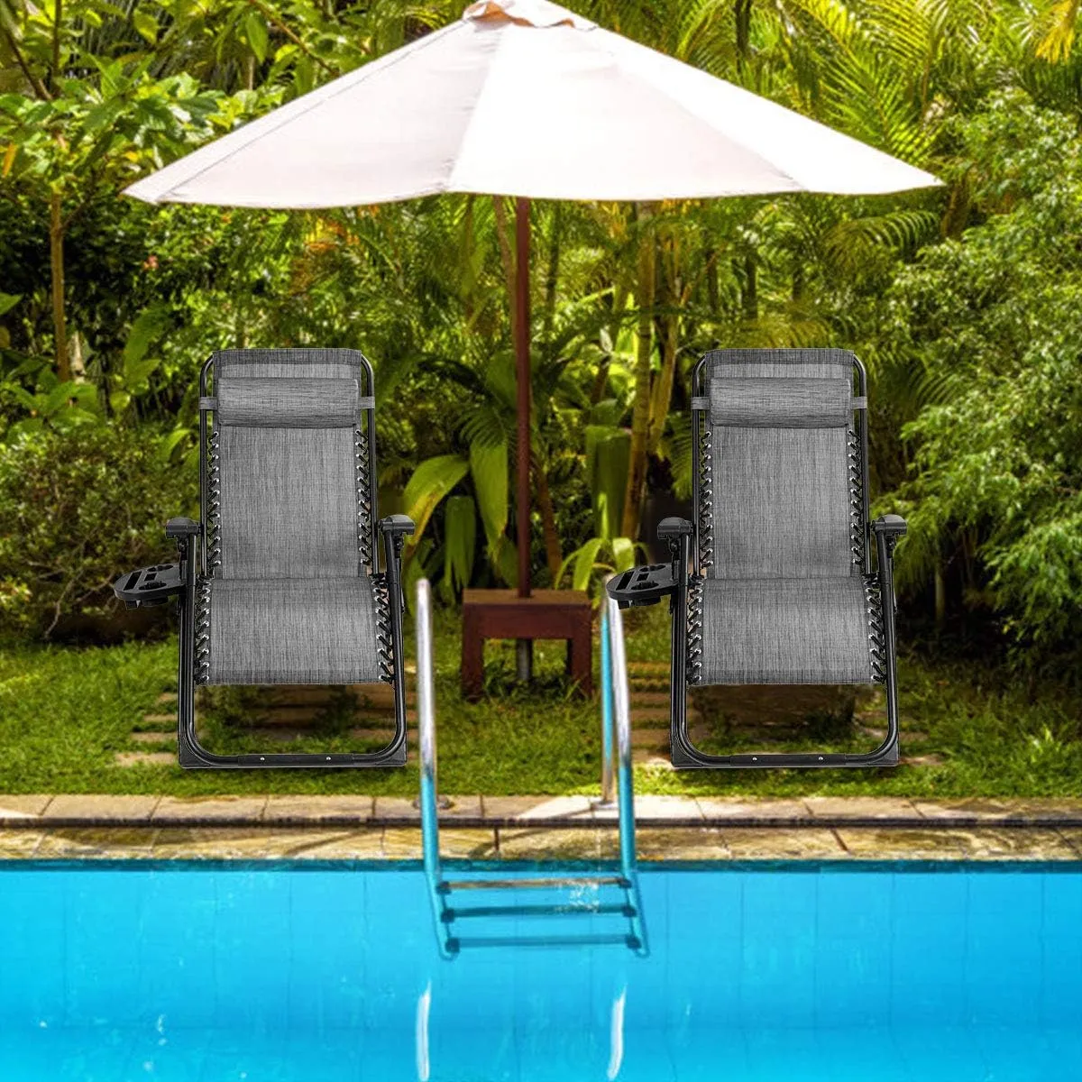 Goplus Oversized Zero Gravity Chair, XL-Extended Version, Outdoor Recliner w/Cup Holder & Detachable Headrest, Foldable Mesh Lounge Chairs for Patio Pool Porch & Deck, 500LBS (Gray)