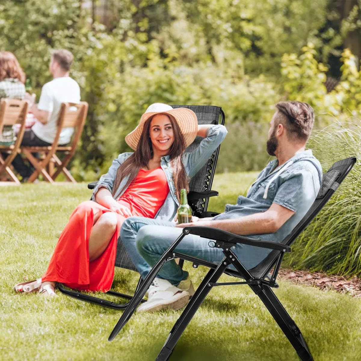 Goplus Oversized Zero Gravity Chair, XL-Extended Version, Outdoor Recliner w/Cup Holder & Detachable Headrest, Foldable Mesh Lounge Chairs for Patio Pool Porch & Deck, 500LBS (Gray)