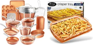 Gotham Steel Hammered Copper Collection – 20 Piece Premium Pots and Pans Set & Air Fryer Basket for Convection Oven, 2 Piece Nonstick Copper Crisper Tray