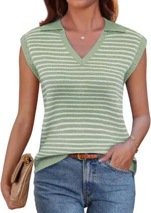 GRACE KARIN Women's Cap Sleeve Sweater Vest Top Y2K Striped V Neck Collar Neck Summer Knit Tank Top 2025 Fashion Outfits