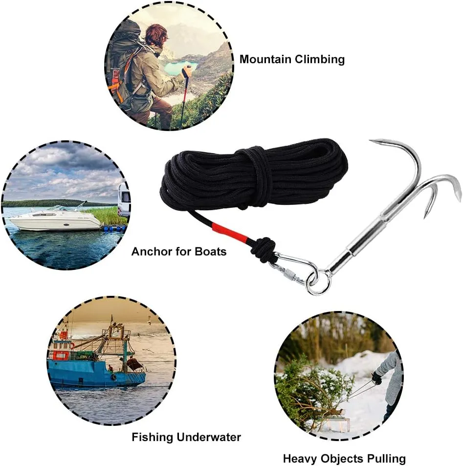 Grappling Hook with 3-Claw Stainless Steel,3 Claw Climbing Carabiner Hook for Retrieving,Outdoor Hiking,Tree Limb Removalr,Salvage.