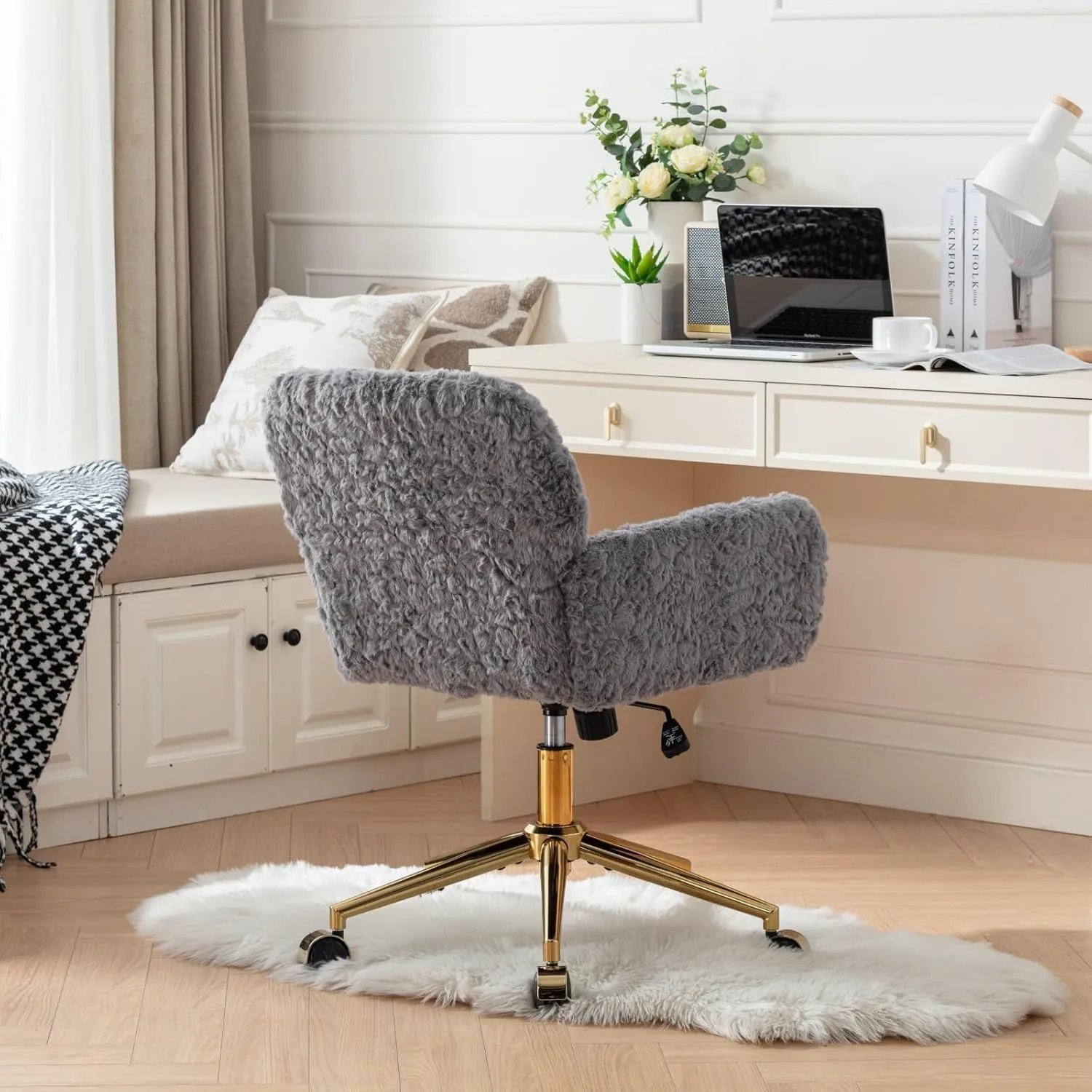 Gray Faux Fur Home Office Chair,Upholstered Elegant Desk Chair Makeup Vanity Chair for Girls,Swivel Desk Chair with Gold Base,Height Adjustable Tiltable Computer Chair,Cute Desk Chair for Kids