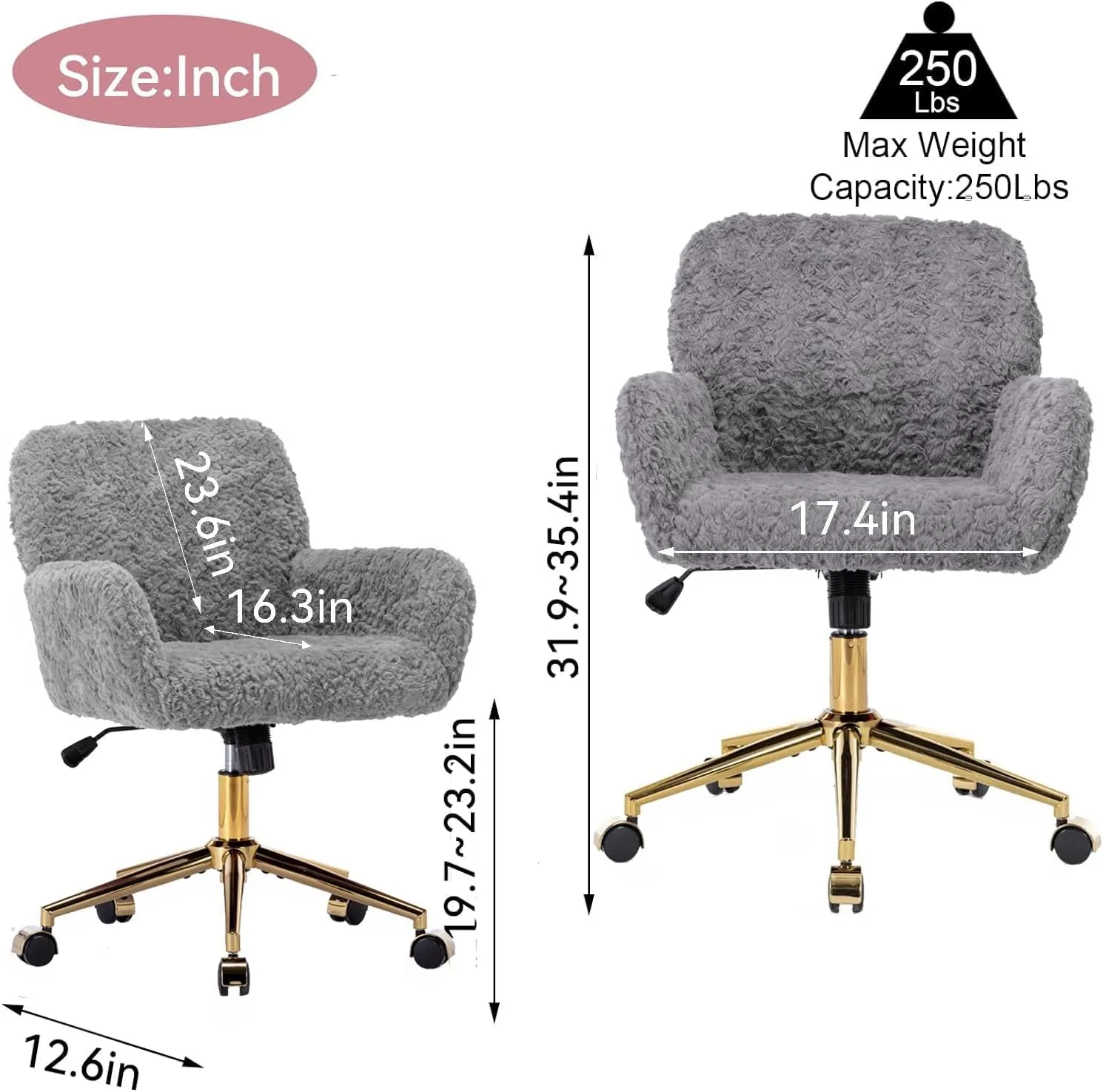 Gray Faux Fur Home Office Chair,Upholstered Elegant Desk Chair Makeup Vanity Chair for Girls,Swivel Desk Chair with Gold Base,Height Adjustable Tiltable Computer Chair,Cute Desk Chair for Kids