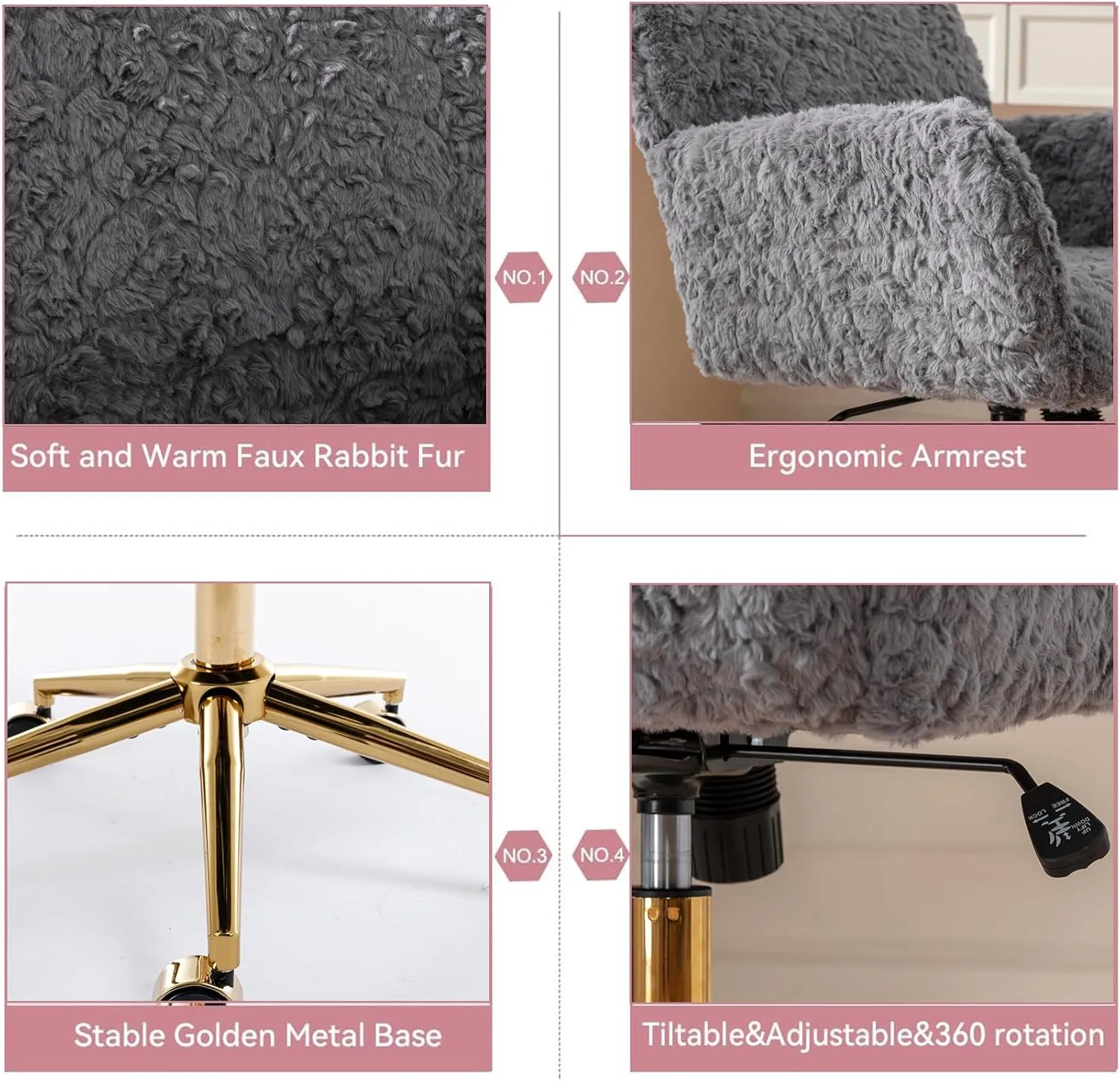 Gray Faux Fur Home Office Chair,Upholstered Elegant Desk Chair Makeup Vanity Chair for Girls,Swivel Desk Chair with Gold Base,Height Adjustable Tiltable Computer Chair,Cute Desk Chair for Kids