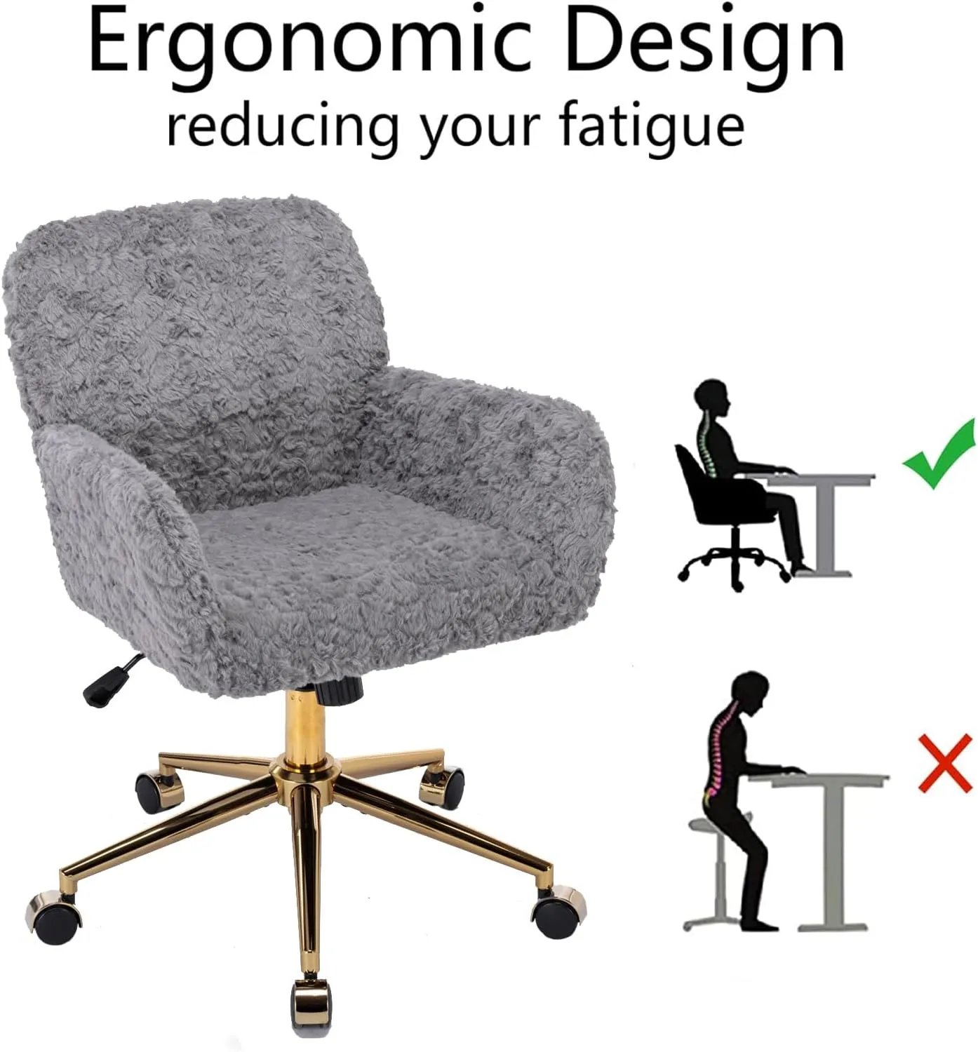 Gray Faux Fur Home Office Chair,Upholstered Elegant Desk Chair Makeup Vanity Chair for Girls,Swivel Desk Chair with Gold Base,Height Adjustable Tiltable Computer Chair,Cute Desk Chair for Kids