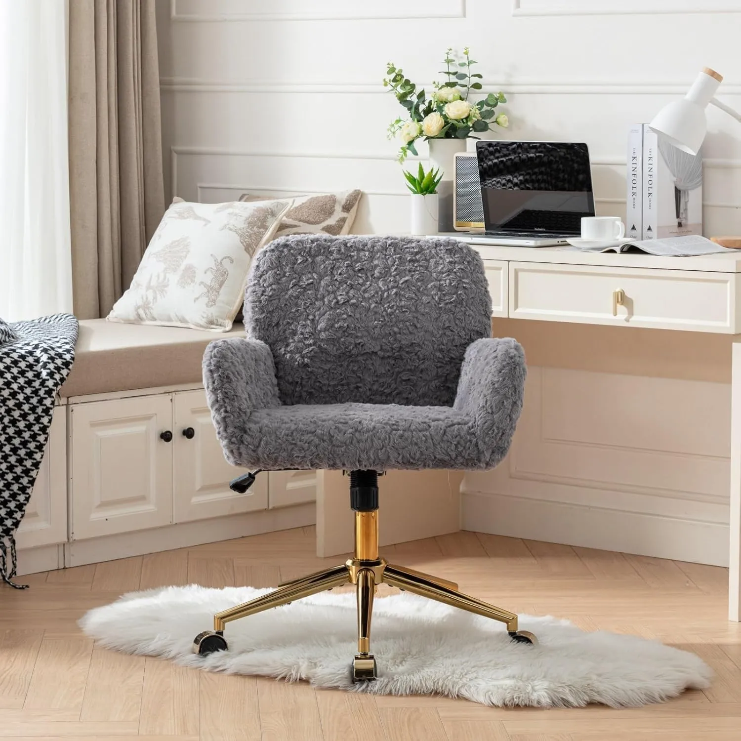 Gray Faux Fur Home Office Chair,Upholstered Elegant Desk Chair Makeup Vanity Chair for Girls,Swivel Desk Chair with Gold Base,Height Adjustable Tiltable Computer Chair,Cute Desk Chair for Kids