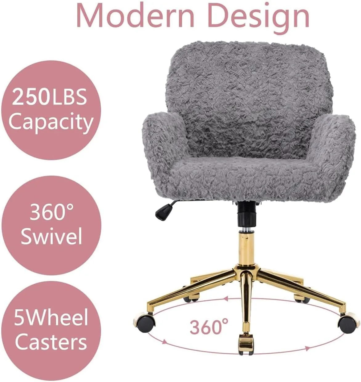 Gray Faux Fur Home Office Chair,Upholstered Elegant Desk Chair Makeup Vanity Chair for Girls,Swivel Desk Chair with Gold Base,Height Adjustable Tiltable Computer Chair,Cute Desk Chair for Kids
