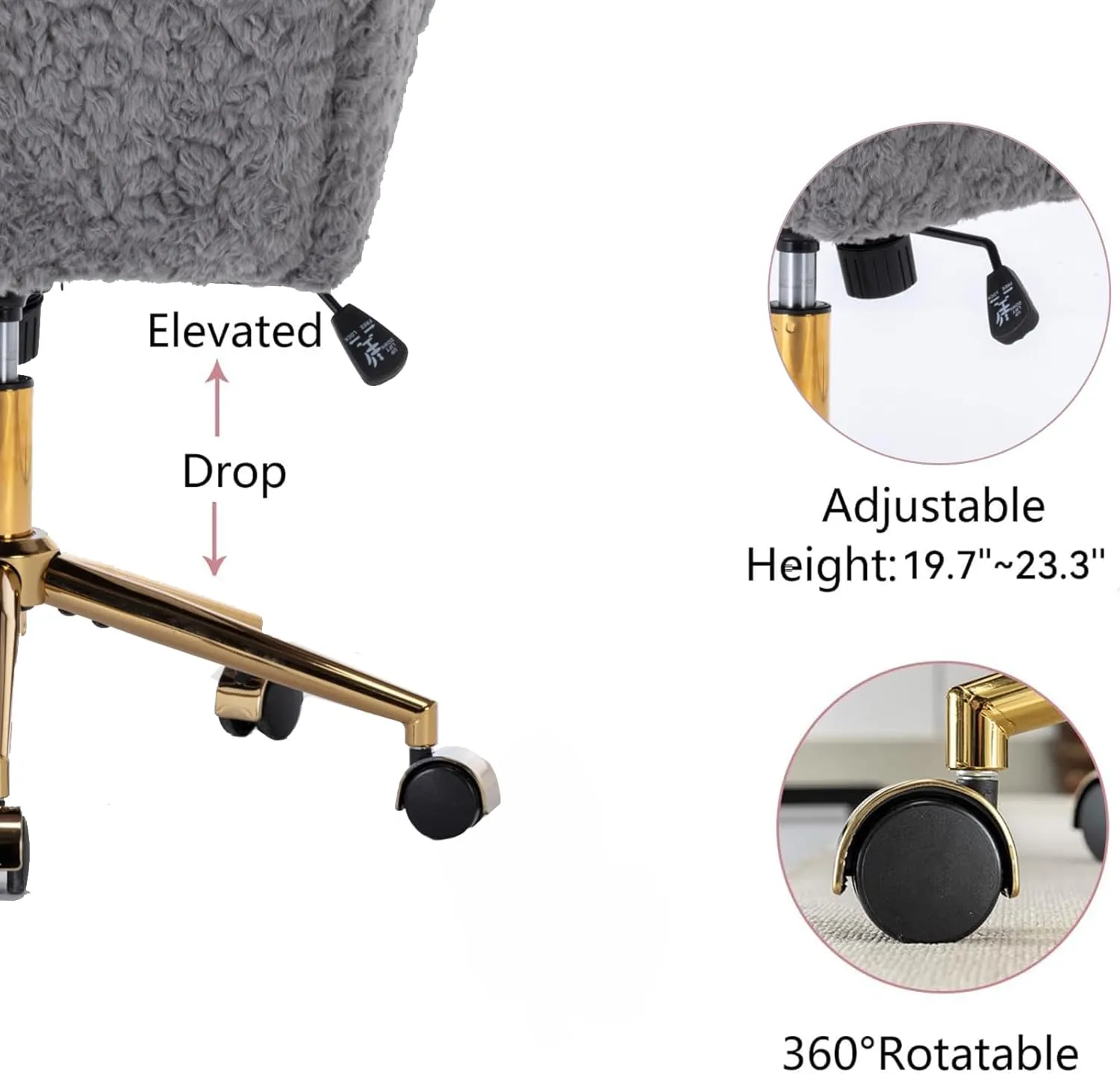 Gray Faux Fur Home Office Chair,Upholstered Elegant Desk Chair Makeup Vanity Chair for Girls,Swivel Desk Chair with Gold Base,Height Adjustable Tiltable Computer Chair,Cute Desk Chair for Kids