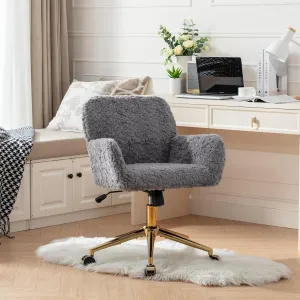 Gray Faux Fur Home Office Chair,Upholstered Elegant Desk Chair Makeup Vanity Chair for Girls,Swivel Desk Chair with Gold Base,Height Adjustable Tiltable Computer Chair,Cute Desk Chair for Kids