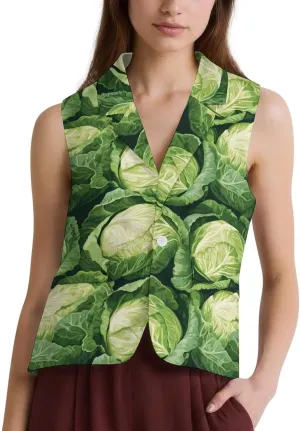 Green Cabbage Pattern Trendy Suit Vest for Women V Neck Sleeveless Casual Slim Waistcoat Tops