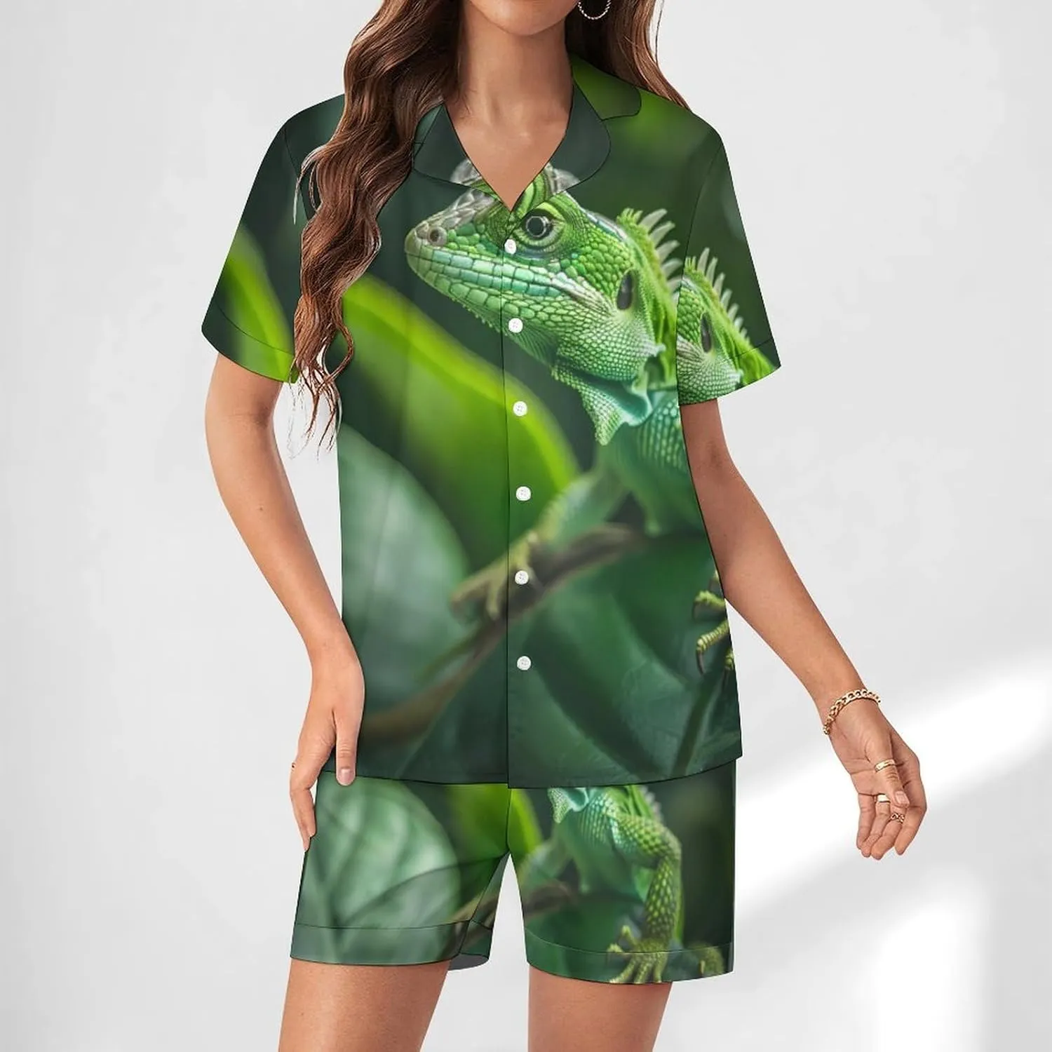 Green Lizard Women's Satin Pajama Set Short Sleeve Button Down Sleepwear Loungewear Pj Set
