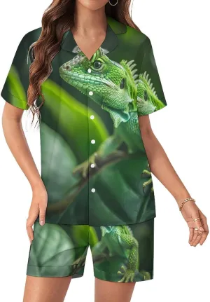 Green Lizard Women's Satin Pajama Set Short Sleeve Button Down Sleepwear Loungewear Pj Set