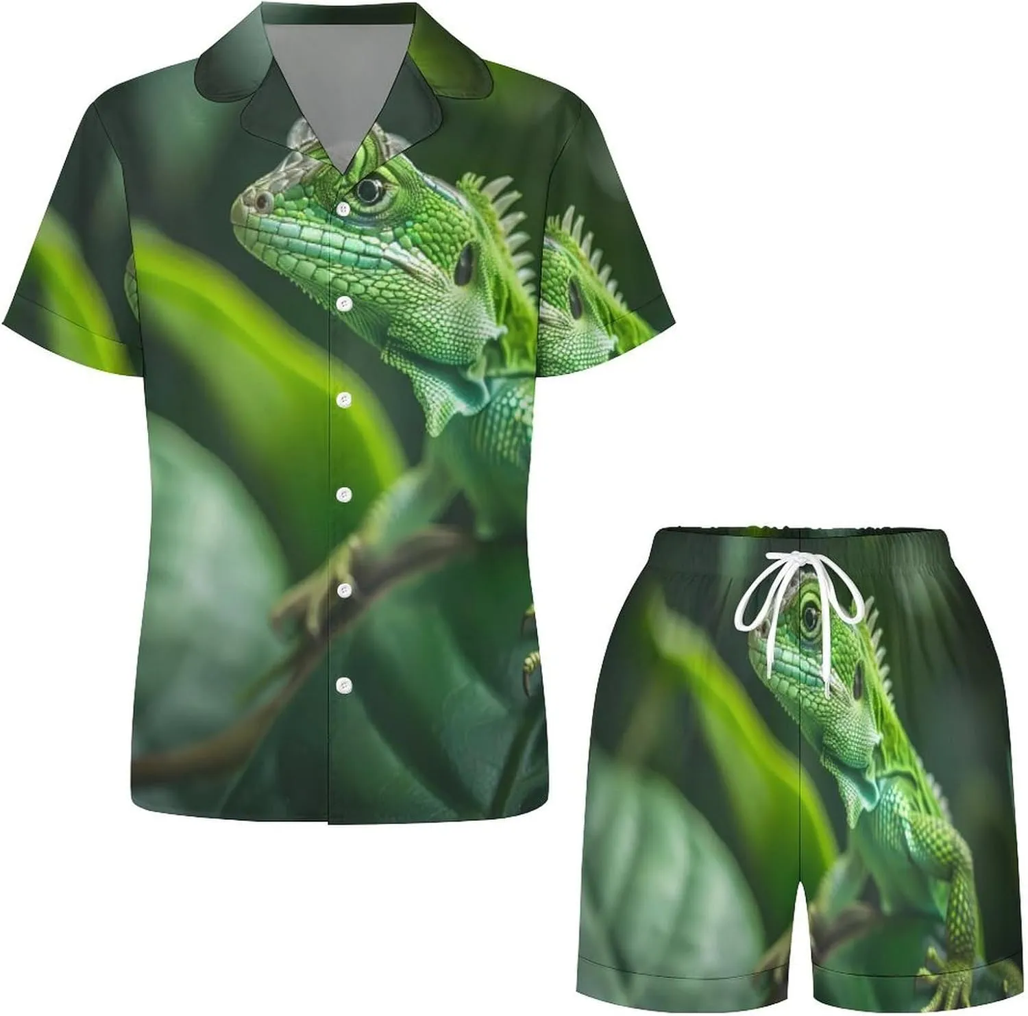 Green Lizard Women's Satin Pajama Set Short Sleeve Button Down Sleepwear Loungewear Pj Set