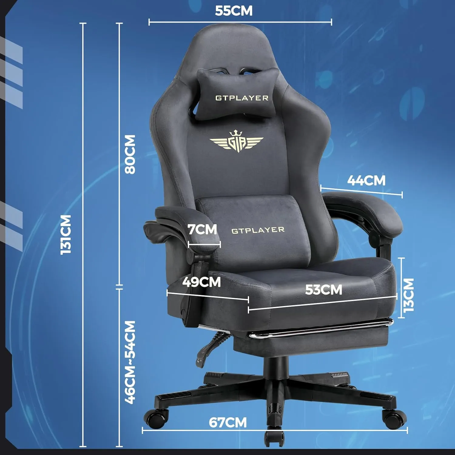 GTPLAYER Gaming Chair Fabric with Pocket Spring Cushion, Big and Tall Gamings Chairs 350LBS High Back Computer Chair with Footrest for Adults Lumbar Support Swivel Game Chair for Office Light Gray
