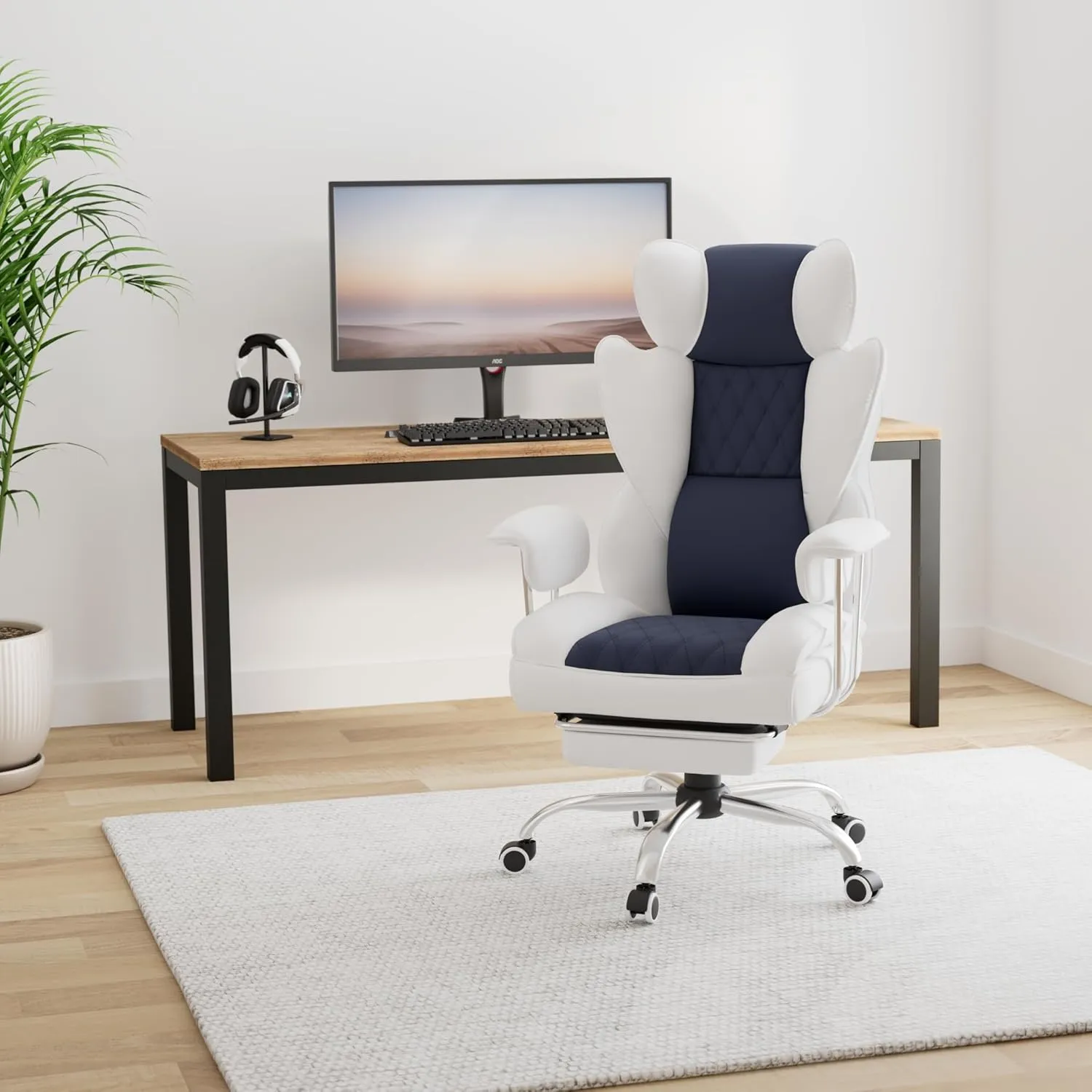 GTRACING Gaming Chair,Office Chair with Pocket Spring Lumbar Support, Ergonomic Comfortable Wide Office Desk Computer Chair with Outward Fixed Soft Armrests and Footrest (Fabric, Light Blue & White)