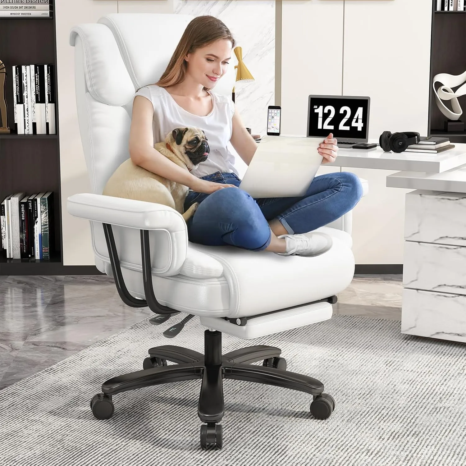 GYI Big and Tall Office Chair 400LBS, 160° High Back Reclining Office Desk Chair with Wide Seat, Arms, Footrest, White