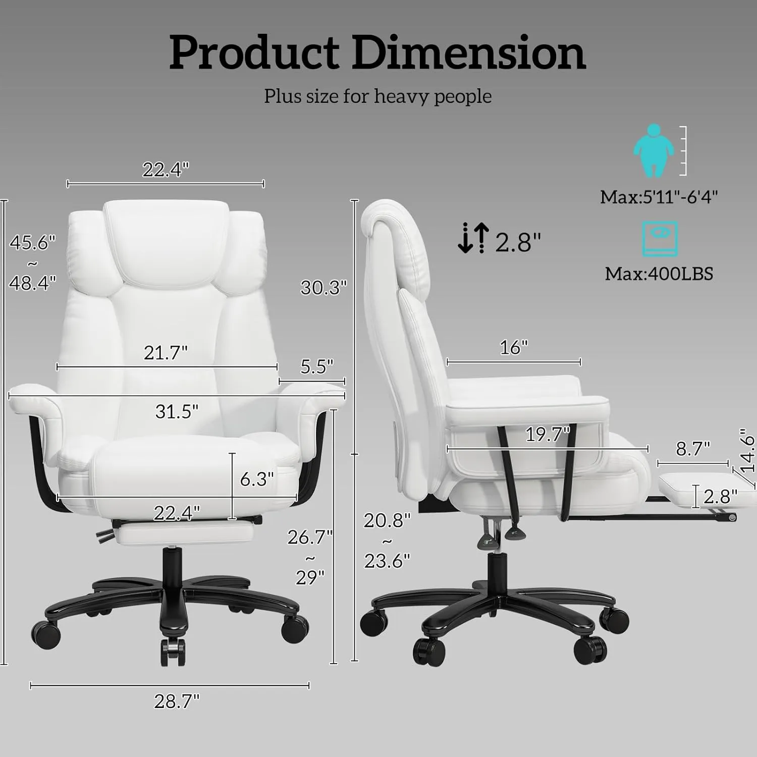 GYI Big and Tall Office Chair 400LBS, 160° High Back Reclining Office Desk Chair with Wide Seat, Arms, Footrest, White