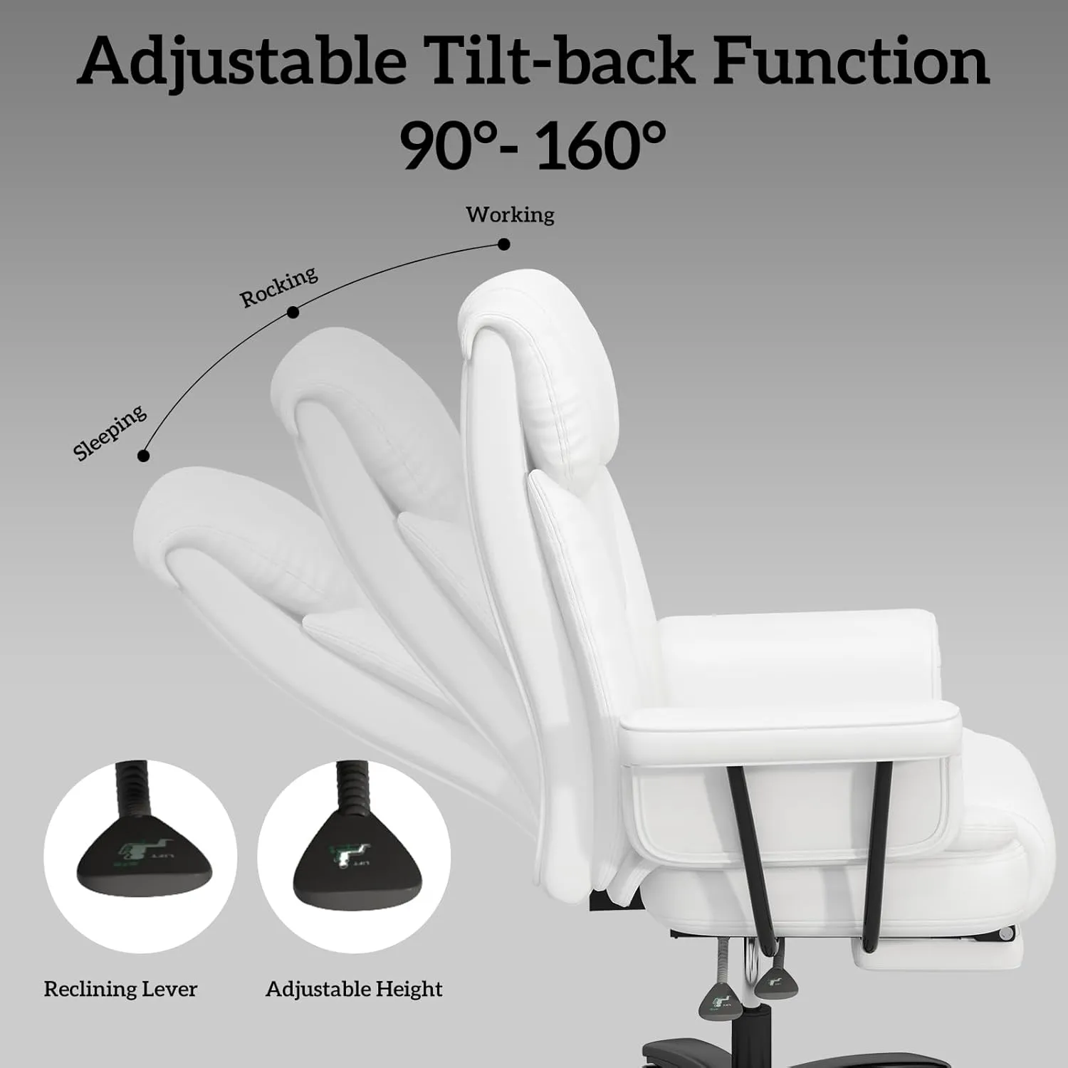 GYI Big and Tall Office Chair 400LBS, 160° High Back Reclining Office Desk Chair with Wide Seat, Arms, Footrest, White