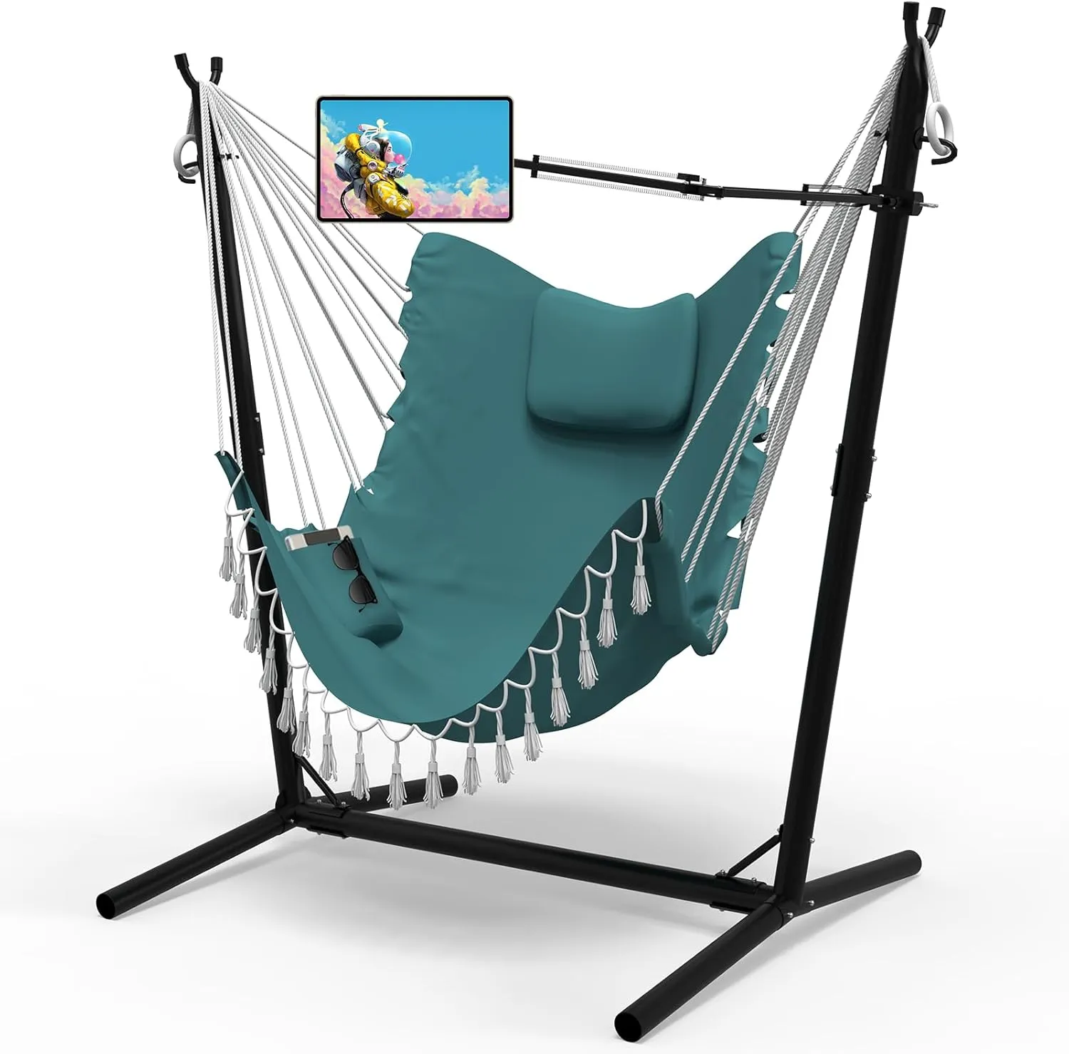 Hammock Chair with Stand,Heavy-Duty Hanging Chair with Stand, for Indoor Outdoor,Sturdy Swing Chair Stand Max Load 350 Pound,with Cell Phone Holder