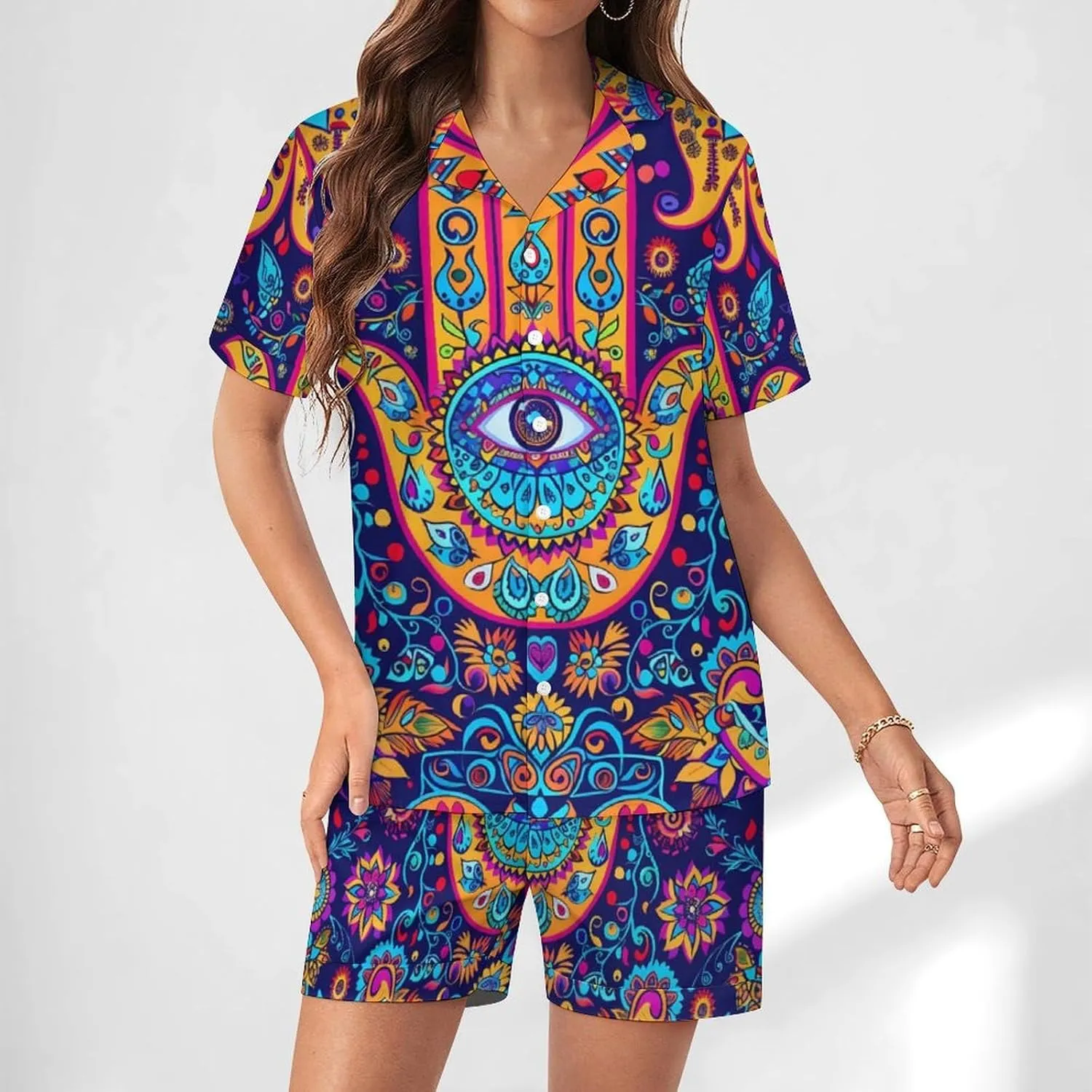 Hamsa Hand Of Fatima Meditation Mandala Women's Satin Pajama Set Short Sleeve Button Down Sleepwear Loungewear Pj Set