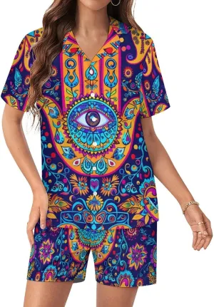 Hamsa Hand Of Fatima Meditation Mandala Women's Satin Pajama Set Short Sleeve Button Down Sleepwear Loungewear Pj Set