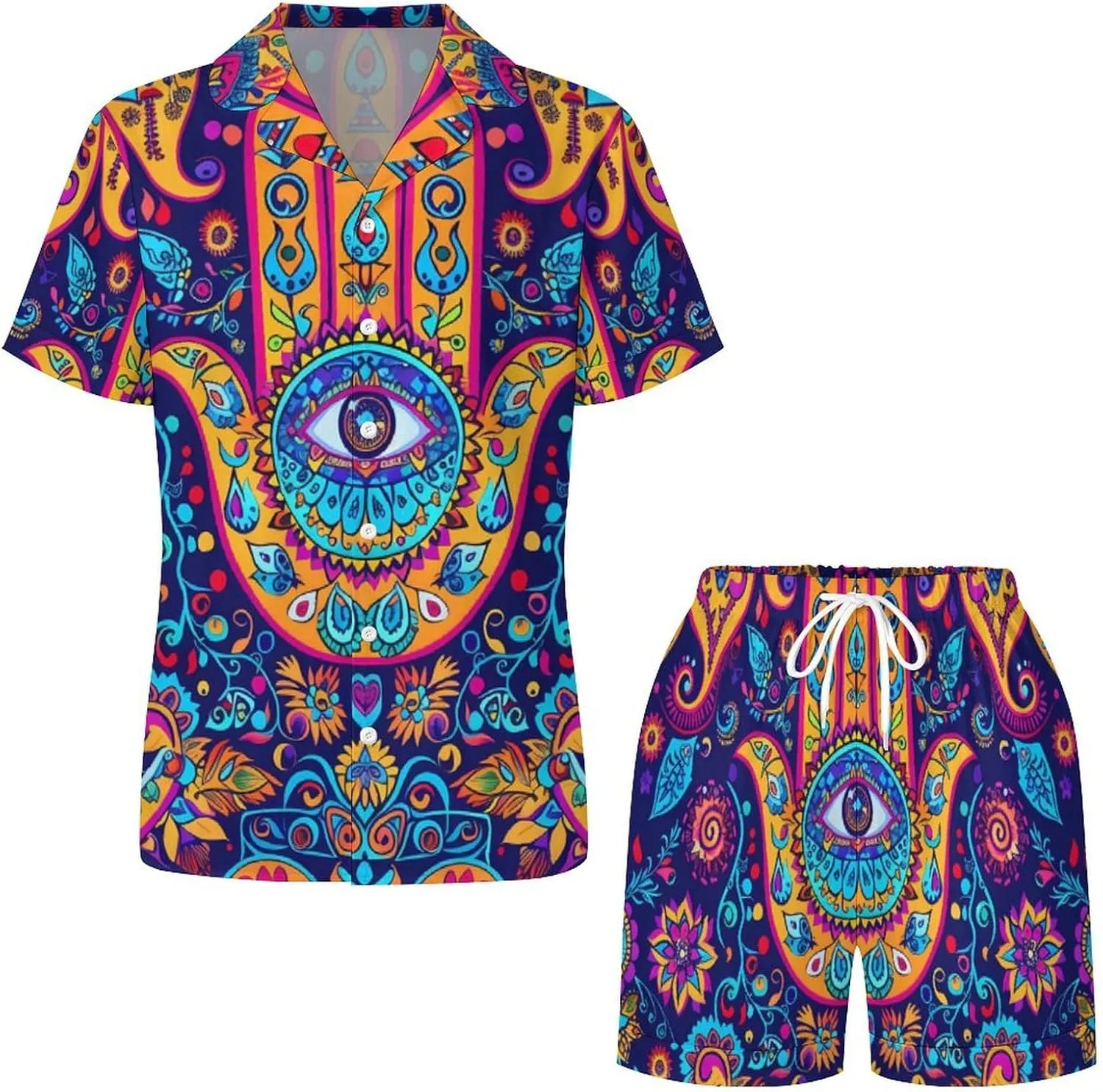 Hamsa Hand Of Fatima Meditation Mandala Women's Satin Pajama Set Short Sleeve Button Down Sleepwear Loungewear Pj Set