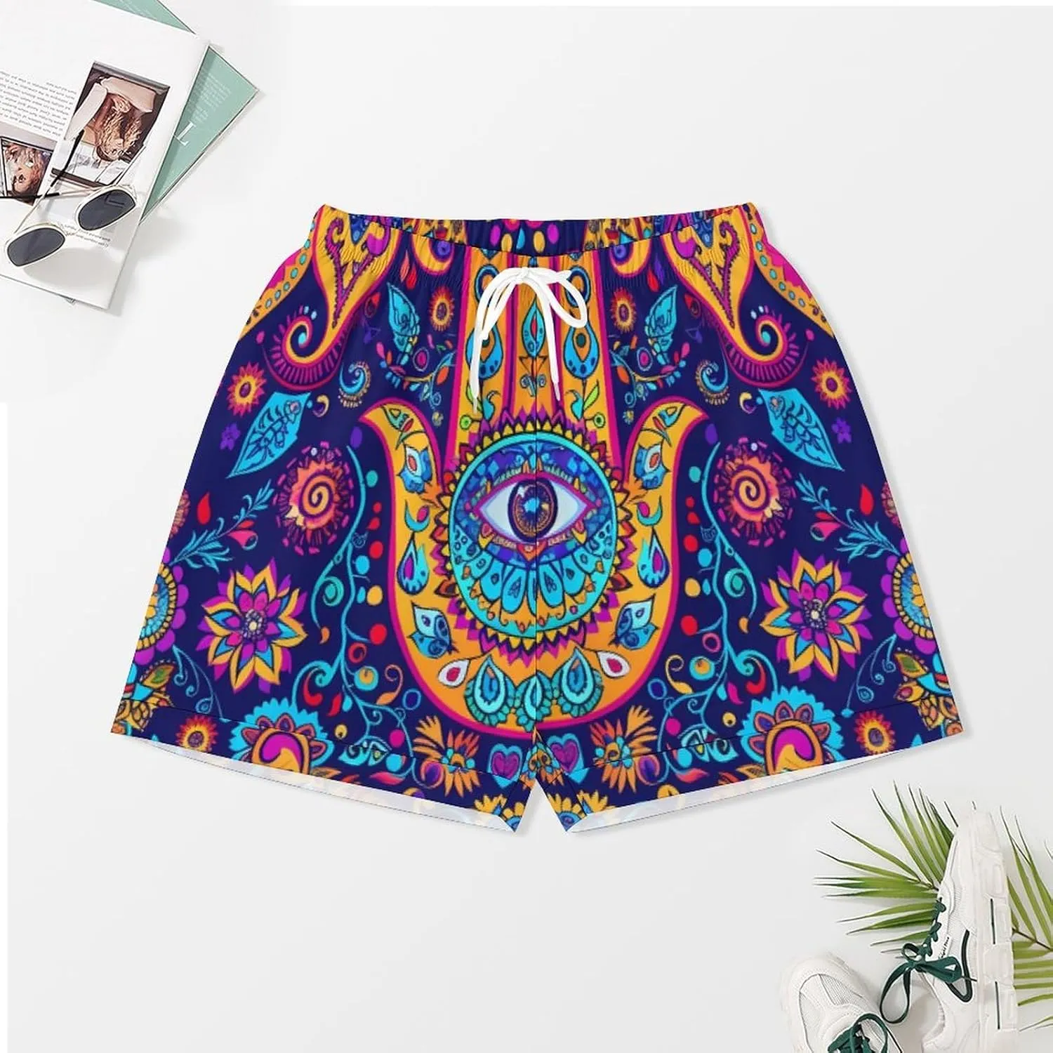 Hamsa Hand Of Fatima Meditation Mandala Women's Satin Pajama Set Short Sleeve Button Down Sleepwear Loungewear Pj Set