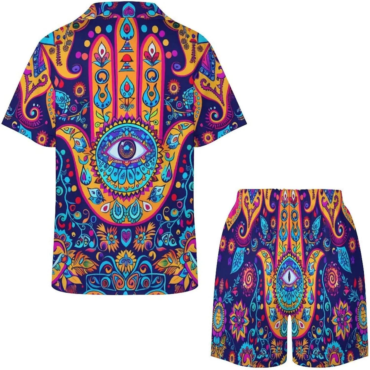 Hamsa Hand Of Fatima Meditation Mandala Women's Satin Pajama Set Short Sleeve Button Down Sleepwear Loungewear Pj Set