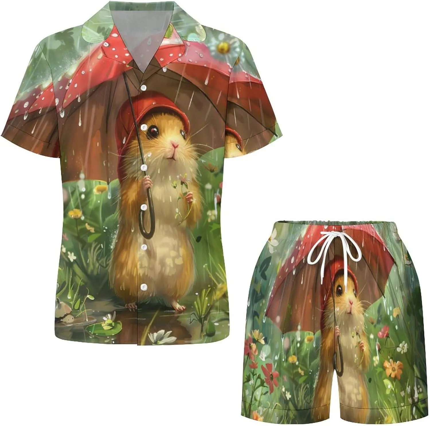 Hamsters Women's Satin Pajama Set Short Sleeve Button Down Sleepwear Loungewear Pj Set