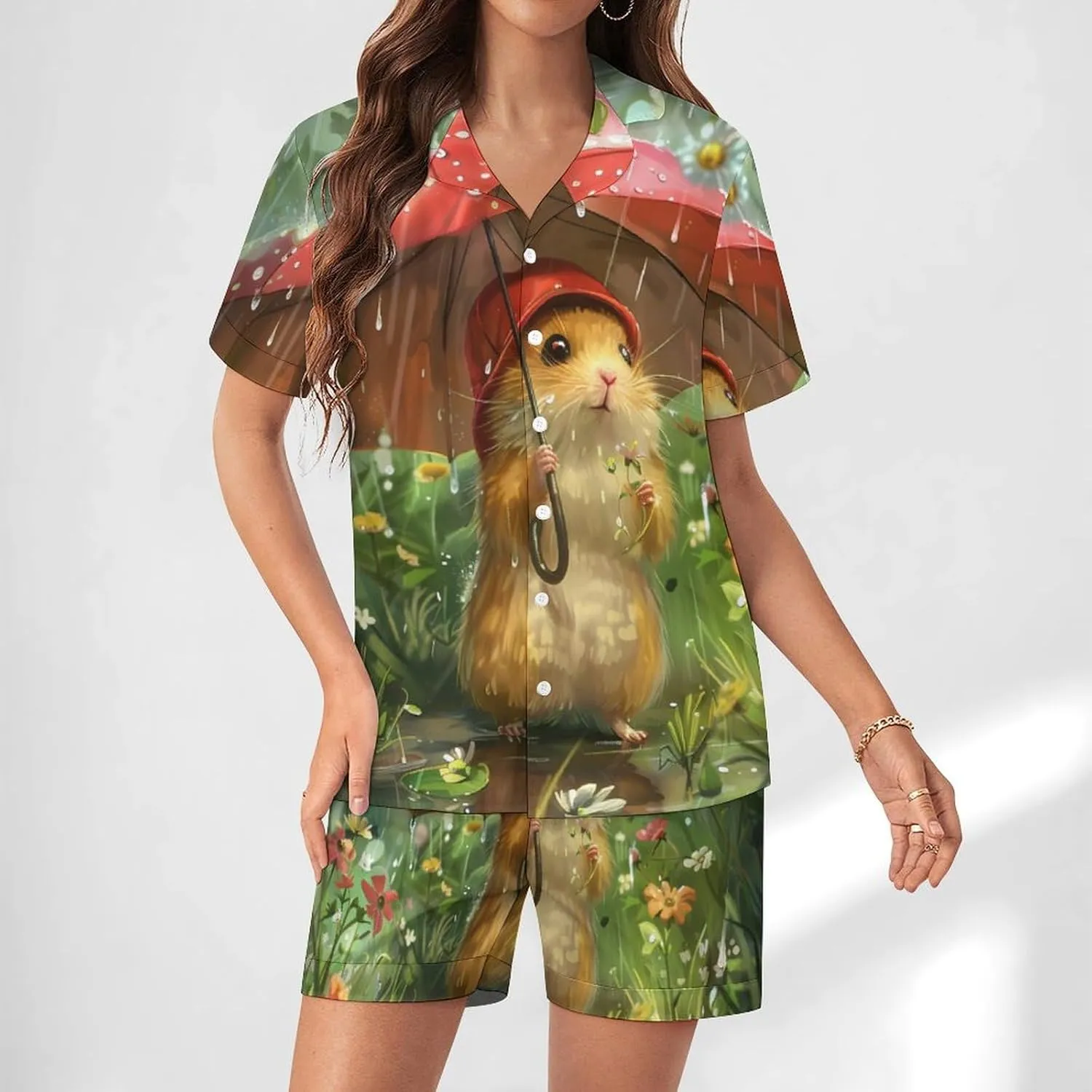 Hamsters Women's Satin Pajama Set Short Sleeve Button Down Sleepwear Loungewear Pj Set