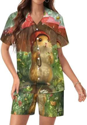 Hamsters Women's Satin Pajama Set Short Sleeve Button Down Sleepwear Loungewear Pj Set
