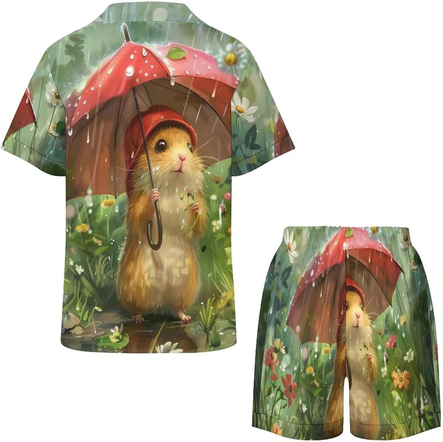Hamsters Women's Satin Pajama Set Short Sleeve Button Down Sleepwear Loungewear Pj Set