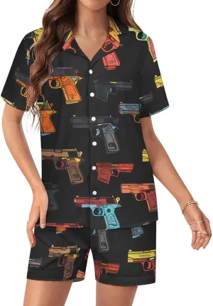 Hand Gun Women's Satin Pajama Set Short Sleeve Button Down Sleepwear Loungewear Pj Set