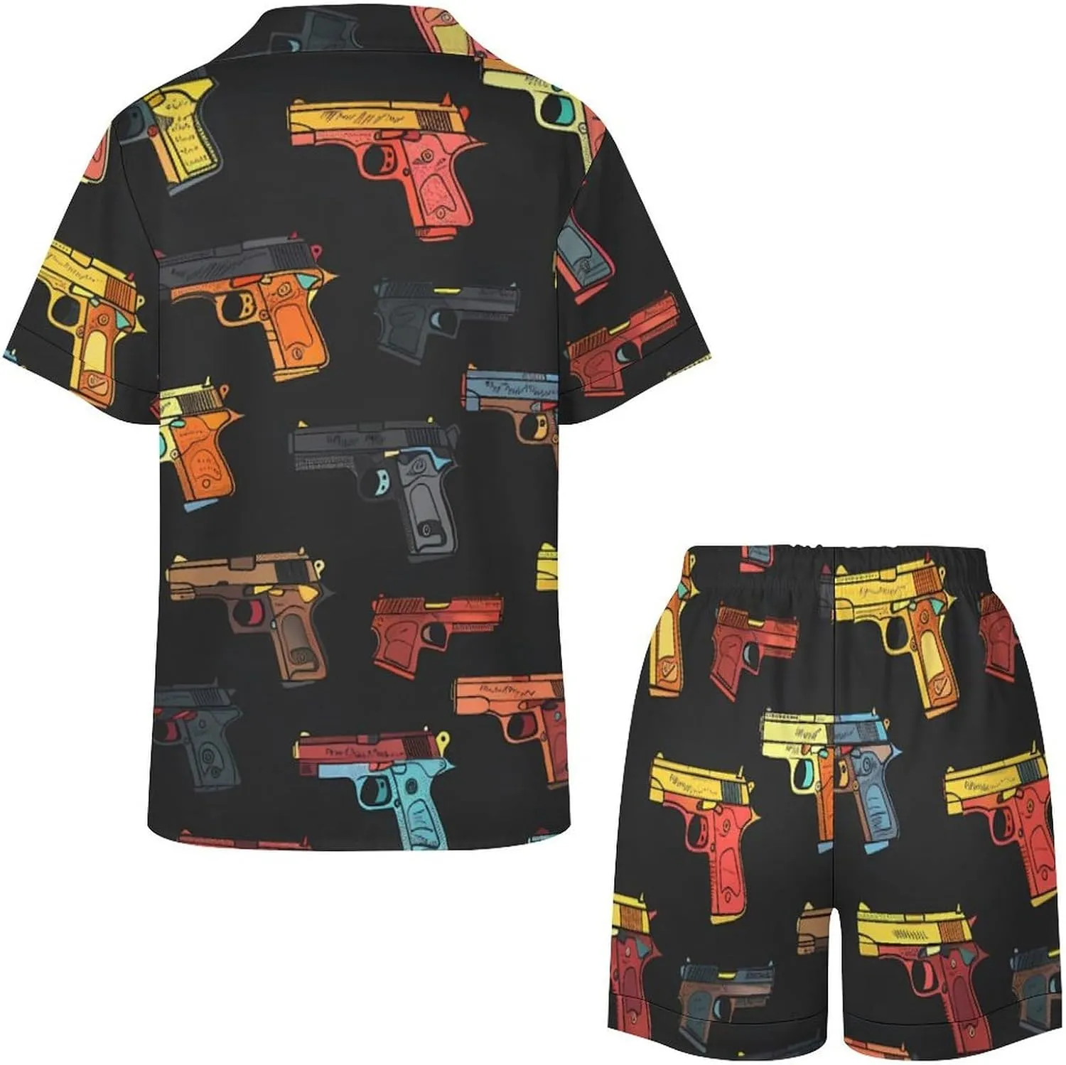 Hand Gun Women's Satin Pajama Set Short Sleeve Button Down Sleepwear Loungewear Pj Set