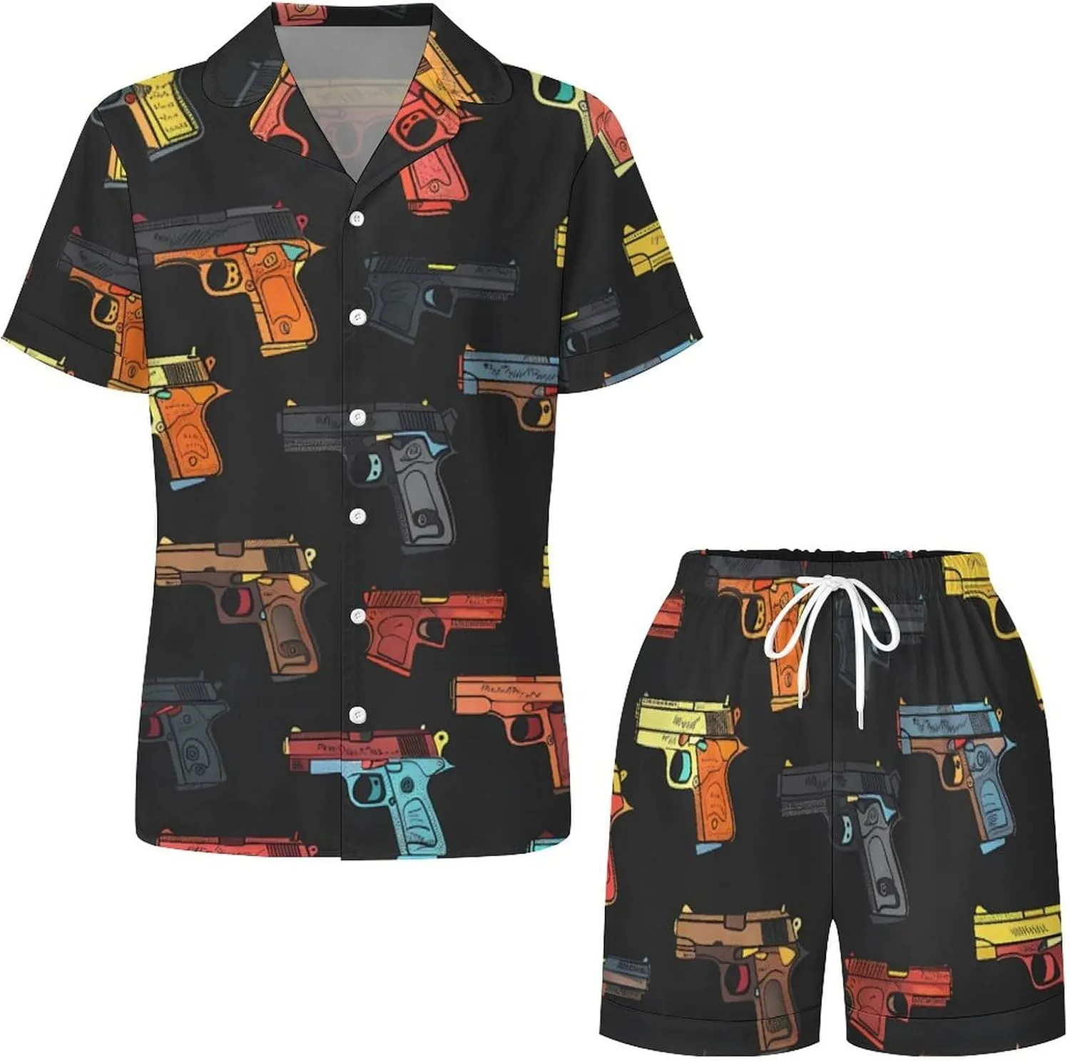 Hand Gun Women's Satin Pajama Set Short Sleeve Button Down Sleepwear Loungewear Pj Set