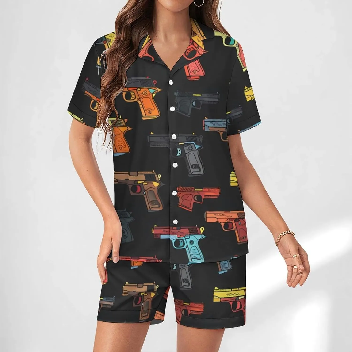 Hand Gun Women's Satin Pajama Set Short Sleeve Button Down Sleepwear Loungewear Pj Set
